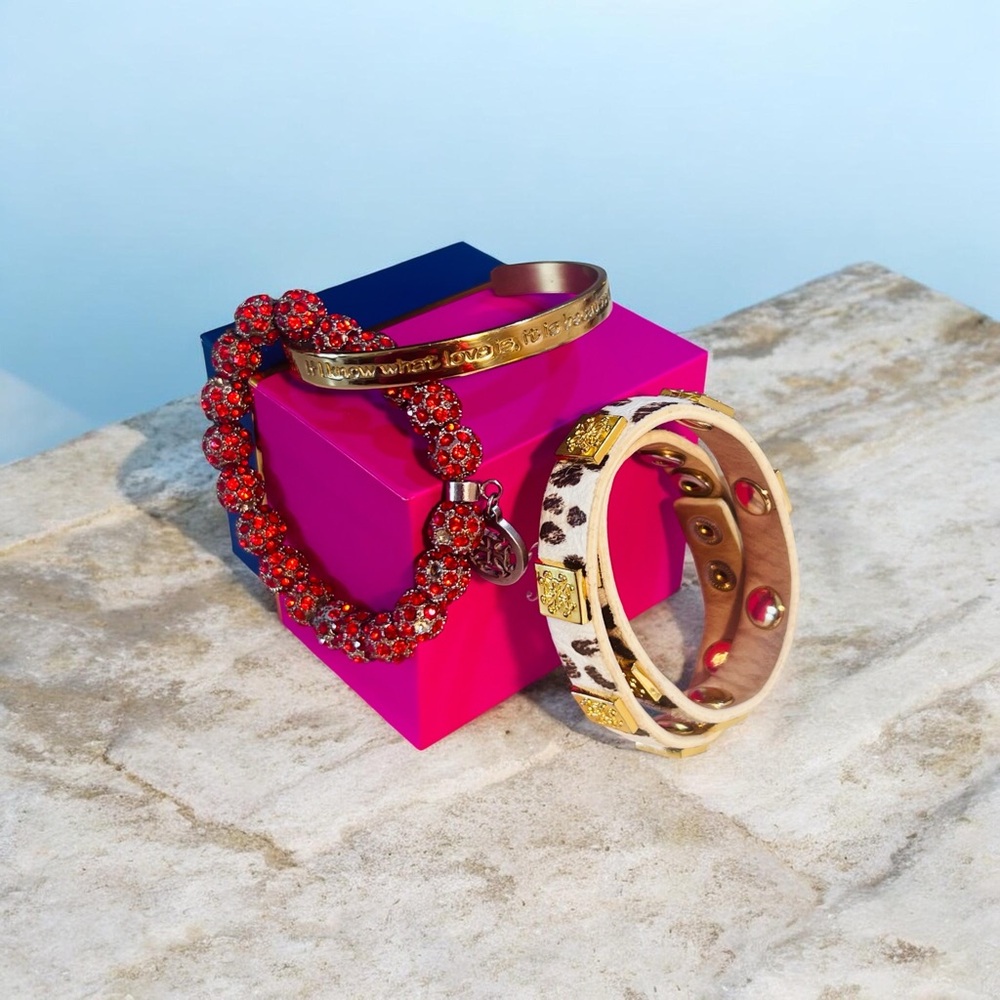 3 Rustic Cuff bracelet set. Elegant Red, Gold colored, & one leopard print.